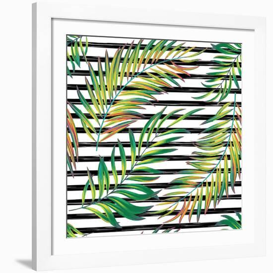 Tropical Exotic Palm Leaves on Striped Black White Background-Andriy Lipkan-Framed Art Print