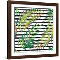 Tropical Exotic Palm Leaves on Striped Black White Background-Andriy Lipkan-Framed Art Print
