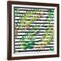 Tropical Exotic Palm Leaves on Striped Black White Background-Andriy Lipkan-Framed Art Print