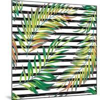 Tropical Exotic Palm Leaves on Striped Black White Background-Andriy Lipkan-Mounted Art Print