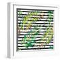 Tropical Exotic Palm Leaves on Striped Black White Background-Andriy Lipkan-Framed Art Print