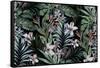 Tropical Floral Print. Variety of Jungle and Island Flowers in Bouquets in a Dark Exotic Print. All-rosapompelmo-Framed Stretched Canvas