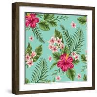 Tropical Floral Seamless Pattern with Plumeria and Hibiscus Flowers-hoverfly-Framed Art Print