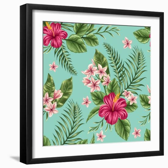 Tropical Floral Seamless Pattern with Plumeria and Hibiscus Flowers-hoverfly-Framed Art Print