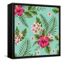 Tropical Floral Seamless Pattern with Plumeria and Hibiscus Flowers-hoverfly-Framed Stretched Canvas
