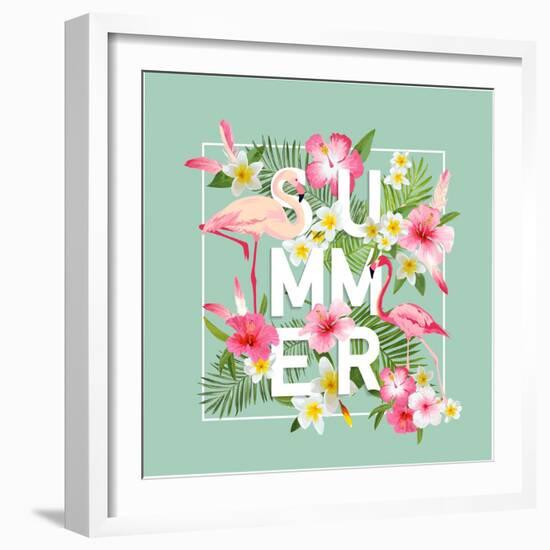 Tropical Flowers Background. Summer Design. Vector. Flamingo. T-Shirt Fashion Graphic. Exotic.-woodhouse-Framed Art Print