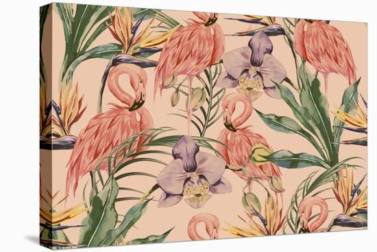 Tropical Flowers, Palm Leaves, Jungle Plants, Orchid, Bird of Paradise Flower, Pink Flamingos, Seam-NataliaKo-Stretched Canvas