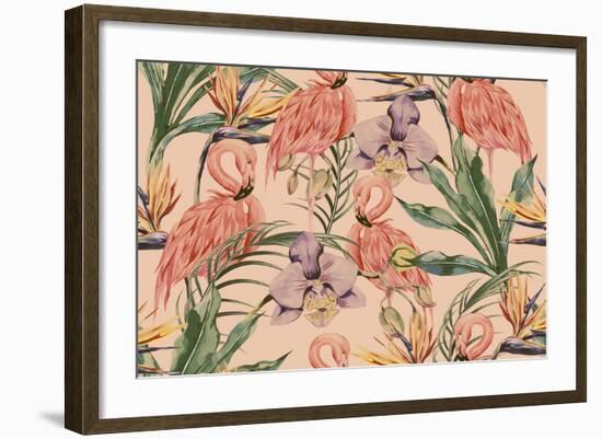 Tropical Flowers, Palm Leaves, Jungle Plants, Orchid, Bird of Paradise Flower, Pink Flamingos, Seam-NataliaKo-Framed Art Print