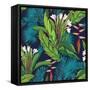 Tropical Jungle Seamless Pattern on Dark Blue Background-Anton V Tokarev-Framed Stretched Canvas