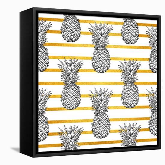 Tropical Pineapple Pattern with Gold Stripes-vavavka-Framed Stretched Canvas