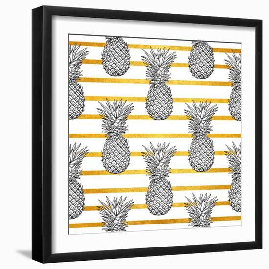 Tropical Pineapple Pattern with Gold Stripes-vavavka-Framed Art Print