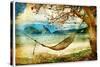 Tropical Scene- Artwork In Painting Style-Maugli-l-Stretched Canvas