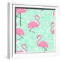 Tropical Trendy Seamless Pattern with Pink Flamingos and Mint Green Palm Leaves. Exotic Hawaii Art-in_dies_magis-Framed Art Print