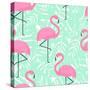 Tropical Trendy Seamless Pattern with Pink Flamingos and Mint Green Palm Leaves. Exotic Hawaii Art-in_dies_magis-Stretched Canvas