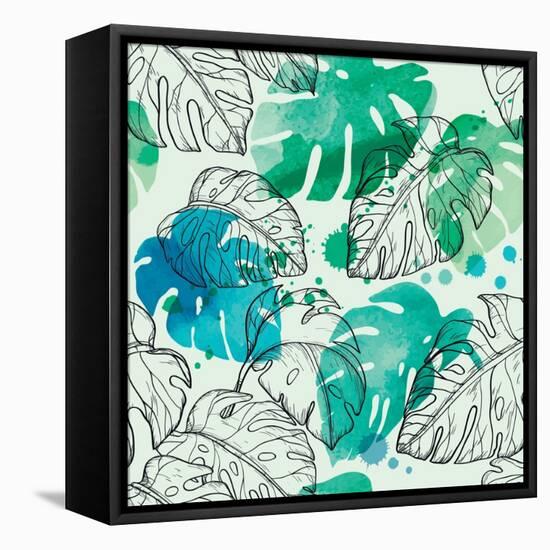 Tropical Watercolor Leaf Pattern-Mirifada-Framed Stretched Canvas