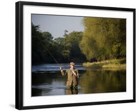 Trout Fisherman Casting to a Fish on the River Dee, Wrexham, Wales-John Warburton-lee-Framed Photographic Print