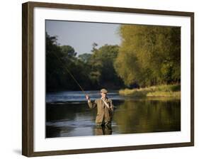 Trout Fisherman Casting to a Fish on the River Dee, Wrexham, Wales-John Warburton-lee-Framed Photographic Print