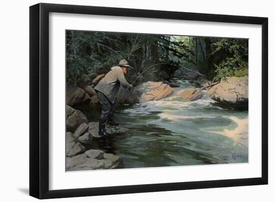 Trout on the Hook of a Fisherman in the north Woods, Circa 1900-null-Framed Giclee Print