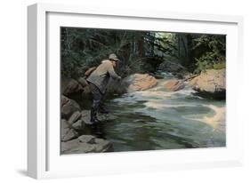 Trout on the Hook of a Fisherman in the north Woods, Circa 1900-null-Framed Giclee Print