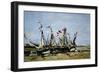 Trouville (France), Waiting for the Tide, Fishing Boats on the Beach, Decorated with French Flags,-Eugene Louis Boudin-Framed Giclee Print