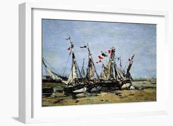 Trouville (France), Waiting for the Tide, Fishing Boats on the Beach, Decorated with French Flags,-Eugene Louis Boudin-Framed Giclee Print