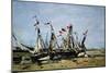 Trouville (France), Waiting for the Tide, Fishing Boats on the Beach, Decorated with French Flags,-Eugene Louis Boudin-Mounted Giclee Print