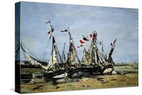 Trouville (France), Waiting for the Tide, Fishing Boats on the Beach, Decorated with French Flags,-Eugene Louis Boudin-Stretched Canvas