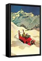 Truck in Snow with Skiers-null-Framed Stretched Canvas