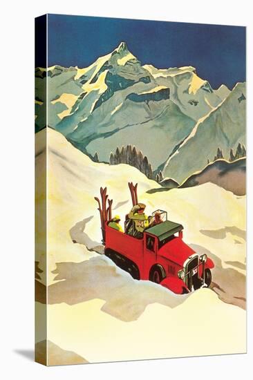 Truck in Snow with Skiers-null-Stretched Canvas