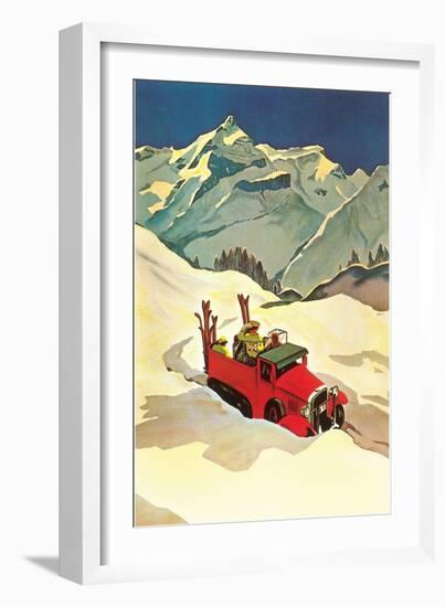 Truck in Snow with Skiers-null-Framed Art Print
