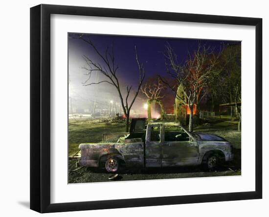 Truck Remnants in Front of a House Still Smoldering from a Grass Fire in a Small Town in Texas-null-Framed Photographic Print