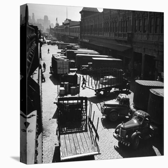 Trucks Clog Roadway in Front of Street-Level Entrances to Long Row of Hudson River Piers on West St-Andreas Feininger-Stretched Canvas