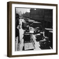 Trucks Clog Roadway in Front of Street-Level Entrances to Long Row of Hudson River Piers on West St-Andreas Feininger-Framed Photographic Print