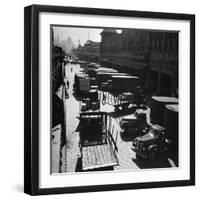 Trucks Clog Roadway in Front of Street-Level Entrances to Long Row of Hudson River Piers on West St-Andreas Feininger-Framed Photographic Print