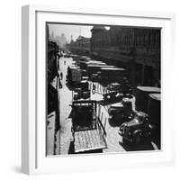 Trucks Clog Roadway in Front of Street-Level Entrances to Long Row of Hudson River Piers on West St-Andreas Feininger-Framed Photographic Print