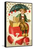True Loves Greeting, Boy with Umbrella on Heart-null-Framed Stretched Canvas