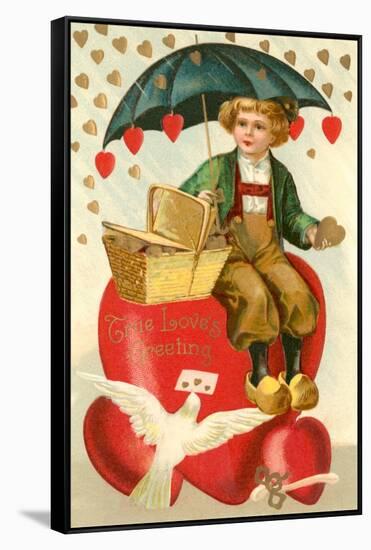 True Loves Greeting, Boy with Umbrella on Heart-null-Framed Stretched Canvas