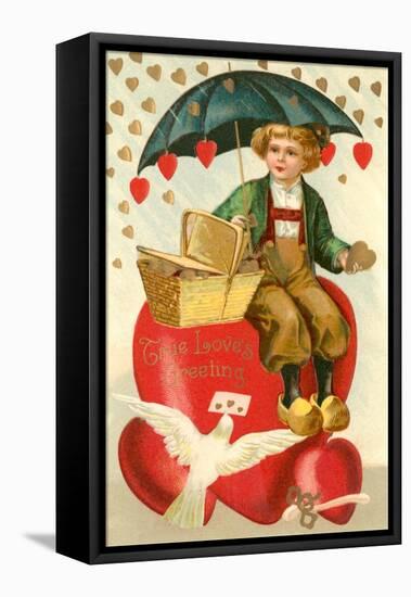 True Loves Greeting, Boy with Umbrella on Heart-null-Framed Stretched Canvas