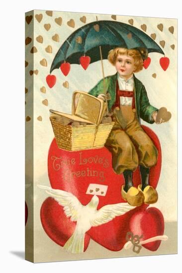 True Loves Greeting, Boy with Umbrella on Heart-null-Stretched Canvas