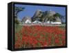 Trulli houses with red poppy field in foreground, near Alberobello, Apulia, Italy, Europe-Stuart Black-Framed Stretched Canvas