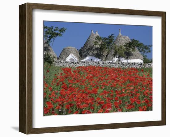 Trulli houses with red poppy field in foreground, near Alberobello, Apulia, Italy, Europe-Stuart Black-Framed Premium Photographic Print