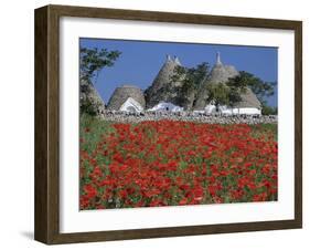 Trulli houses with red poppy field in foreground, near Alberobello, Apulia, Italy, Europe-Stuart Black-Framed Premium Photographic Print