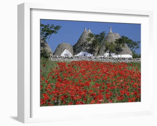 Trulli houses with red poppy field in foreground, near Alberobello, Apulia, Italy, Europe-Stuart Black-Framed Premium Photographic Print