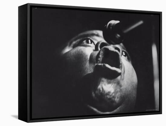Trumpeter Louis Armstrong Belting Out His Famous Rendition of the Song "Hello Dolly" in a Nightclub-John Loengard-Framed Stretched Canvas