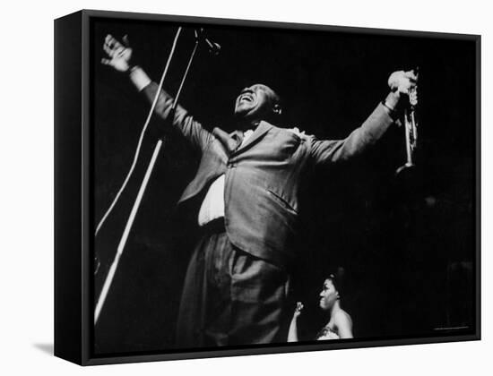 Trumpeter Louis Armstrong Belting Out His Famous Rendition of the Song "Hello Dolly" in a Nightclub-John Loengard-Framed Stretched Canvas