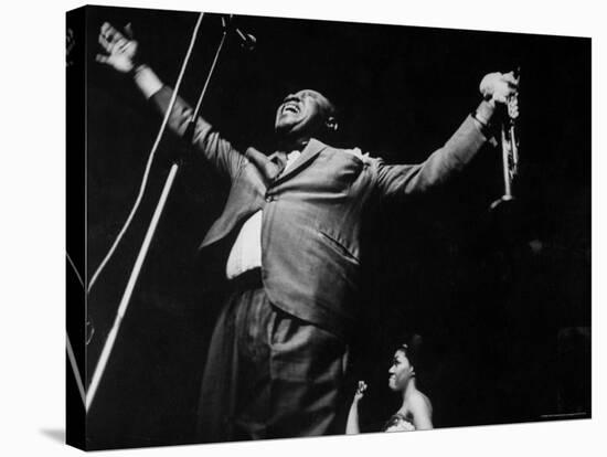 Trumpeter Louis Armstrong Belting Out His Famous Rendition of the Song "Hello Dolly" in a Nightclub-John Loengard-Stretched Canvas
