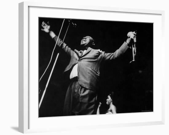 Trumpeter Louis Armstrong Belting Out His Famous Rendition of the Song "Hello Dolly" in a Nightclub-John Loengard-Framed Premium Photographic Print