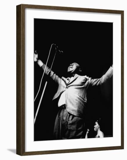 Trumpeter Louis Armstrong Belting Out His Famous Rendition of the Song "Hello Dolly" in a Nightclub-John Loengard-Framed Premium Photographic Print