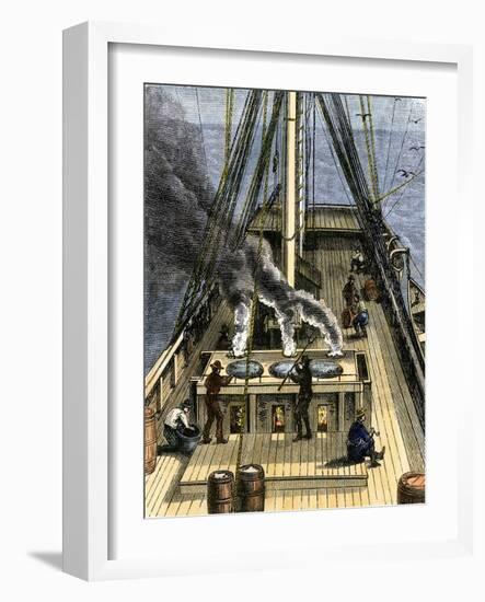 Trying Out - Boiling Whale Bubber for Oil on a Whaling Ship, c.1800-null-Framed Giclee Print