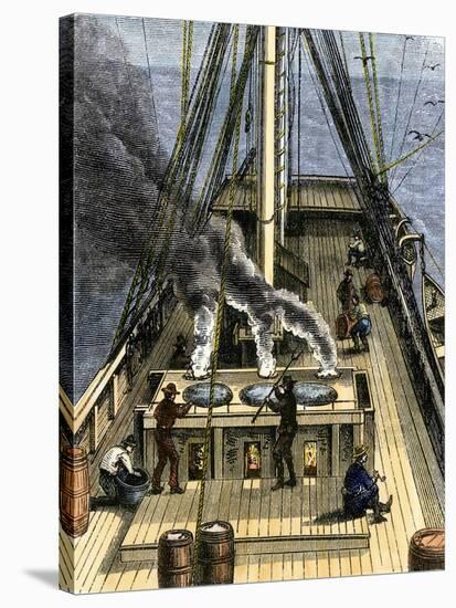 Trying Out - Boiling Whale Bubber for Oil on a Whaling Ship, c.1800-null-Stretched Canvas